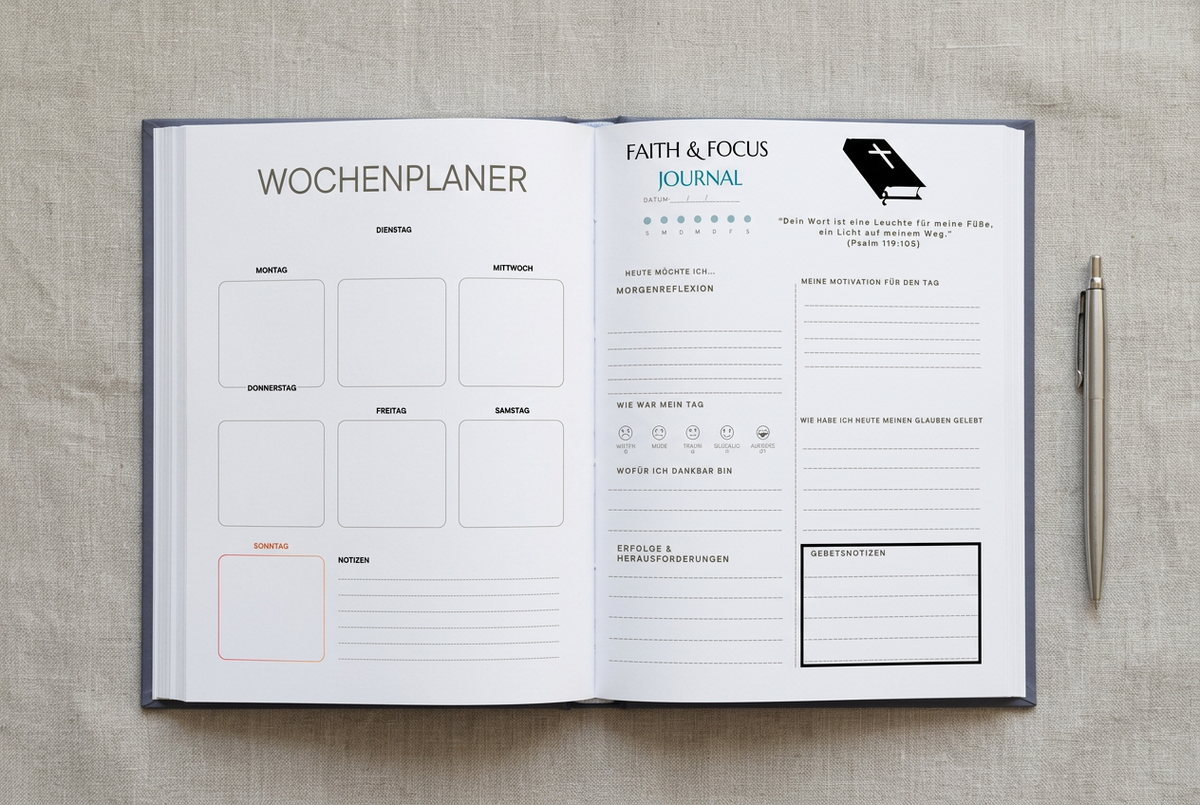 Aufgeschlagenes FAITH & FOCUS Journal mit Wochenplaner und Tagesseite