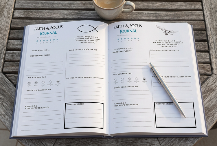 FAITH & FOCUS Journal mit zwei Tagesseiten, Fisch- und Taubensymbol